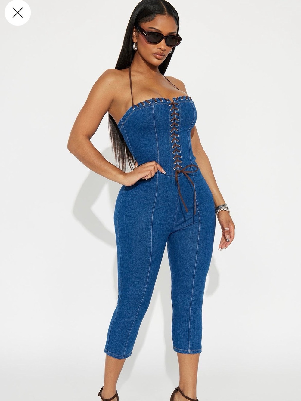 Fashion Nova Strapless Lace-Up Denim Jumpsuit in Classic Blue